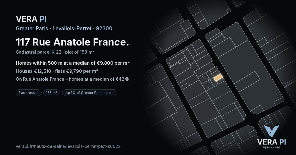 117 Rue Anatole France, Levallois-Perret at night – the plot lit, the parcels around coloured by the prices near them