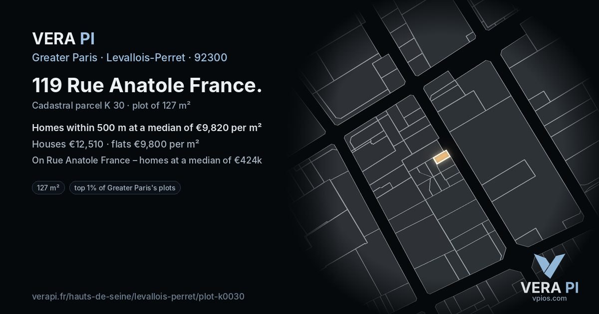 119 Rue Anatole France, Levallois-Perret at night – the plot lit, the parcels around coloured by the prices near them