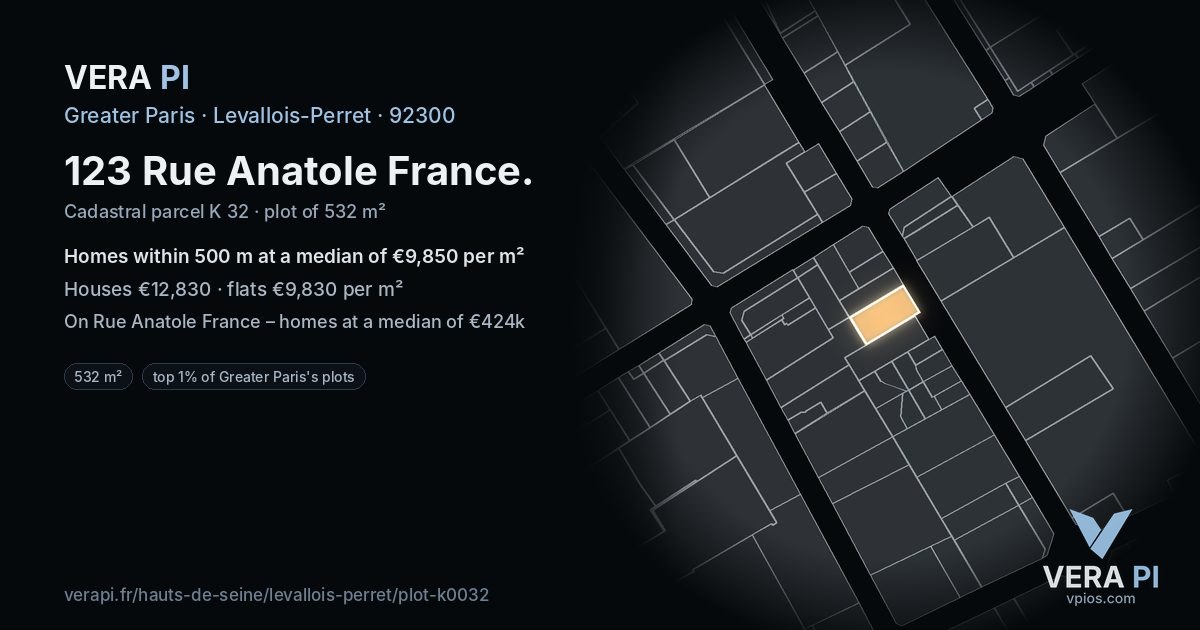 123 Rue Anatole France, Levallois-Perret at night – the plot lit, the parcels around coloured by the prices near them