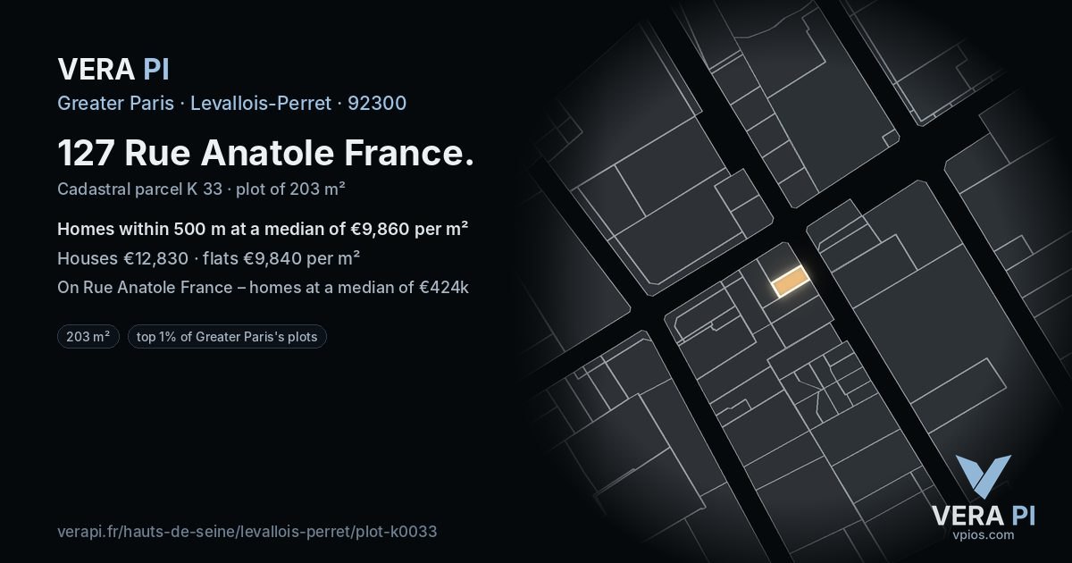 127 Rue Anatole France, Levallois-Perret at night – the plot lit, the parcels around coloured by the prices near them
