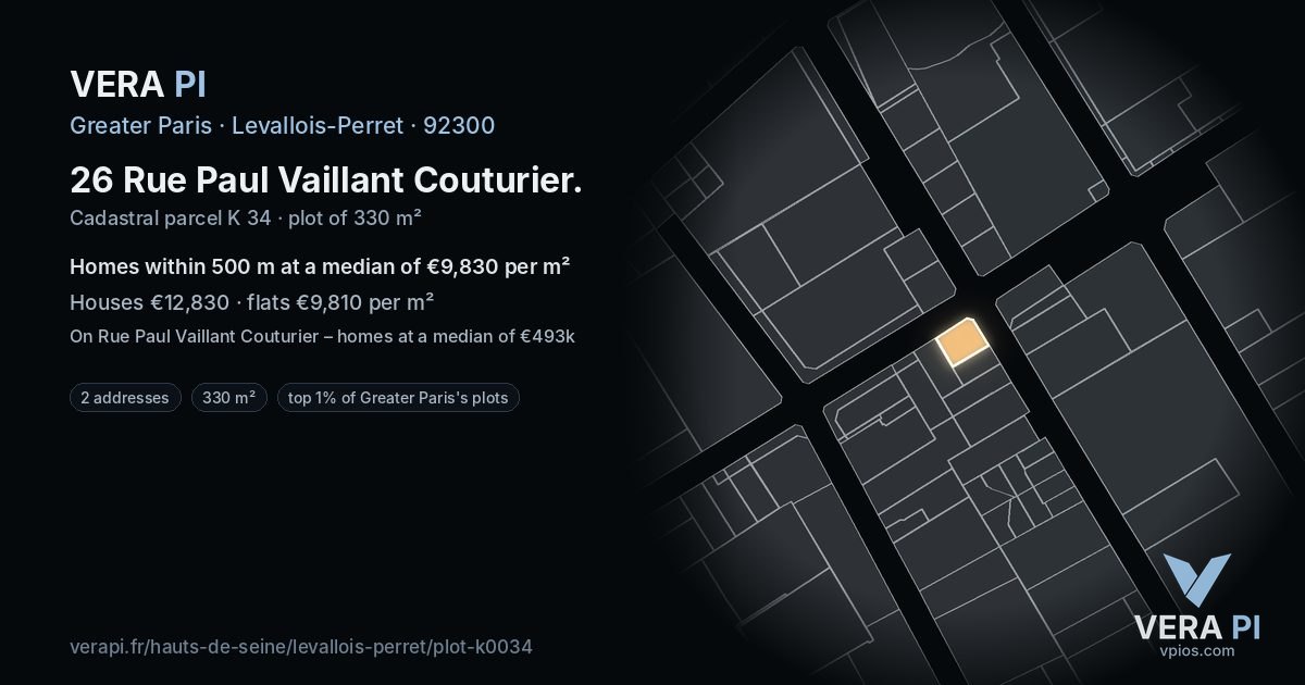 26 Rue Paul Vaillant Couturier, Levallois-Perret at night – the plot lit, the parcels around coloured by the prices near them