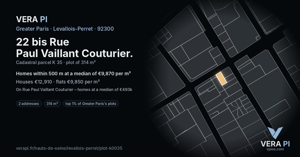 22 bis Rue Paul Vaillant Couturier, Levallois-Perret at night – the plot lit, the parcels around coloured by the prices near them