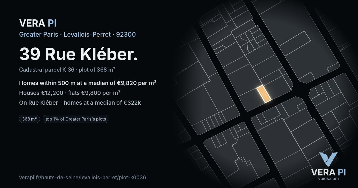 39 Rue Kléber, Levallois-Perret at night – the plot lit, the parcels around coloured by the prices near them