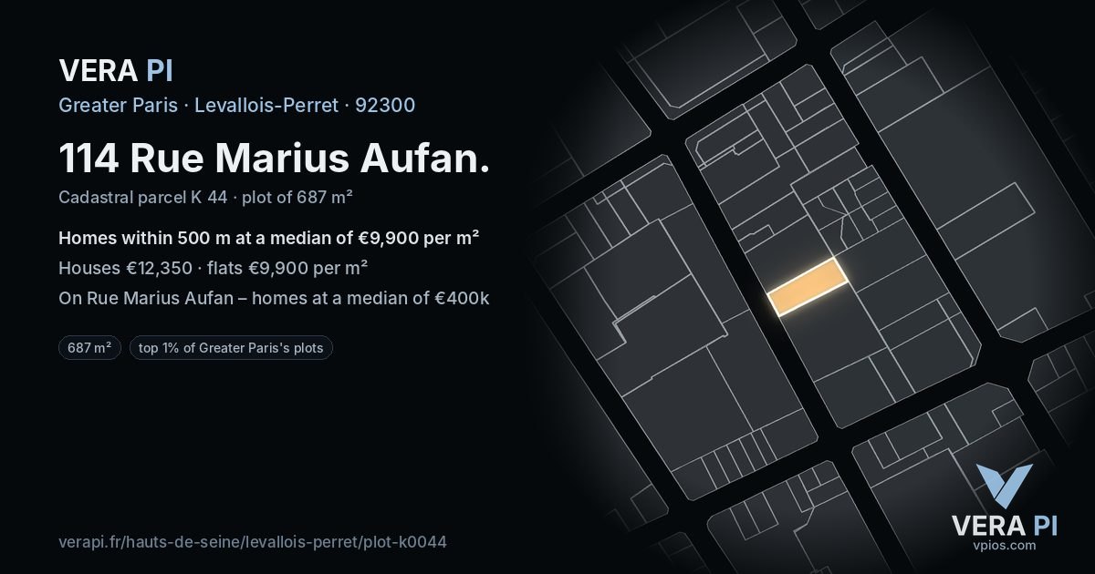 114 Rue Marius Aufan, Levallois-Perret at night – the plot lit, the parcels around coloured by the prices near them