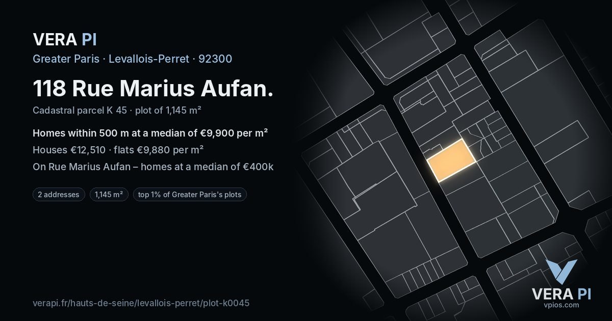 118 Rue Marius Aufan, Levallois-Perret at night – the plot lit, the parcels around coloured by the prices near them