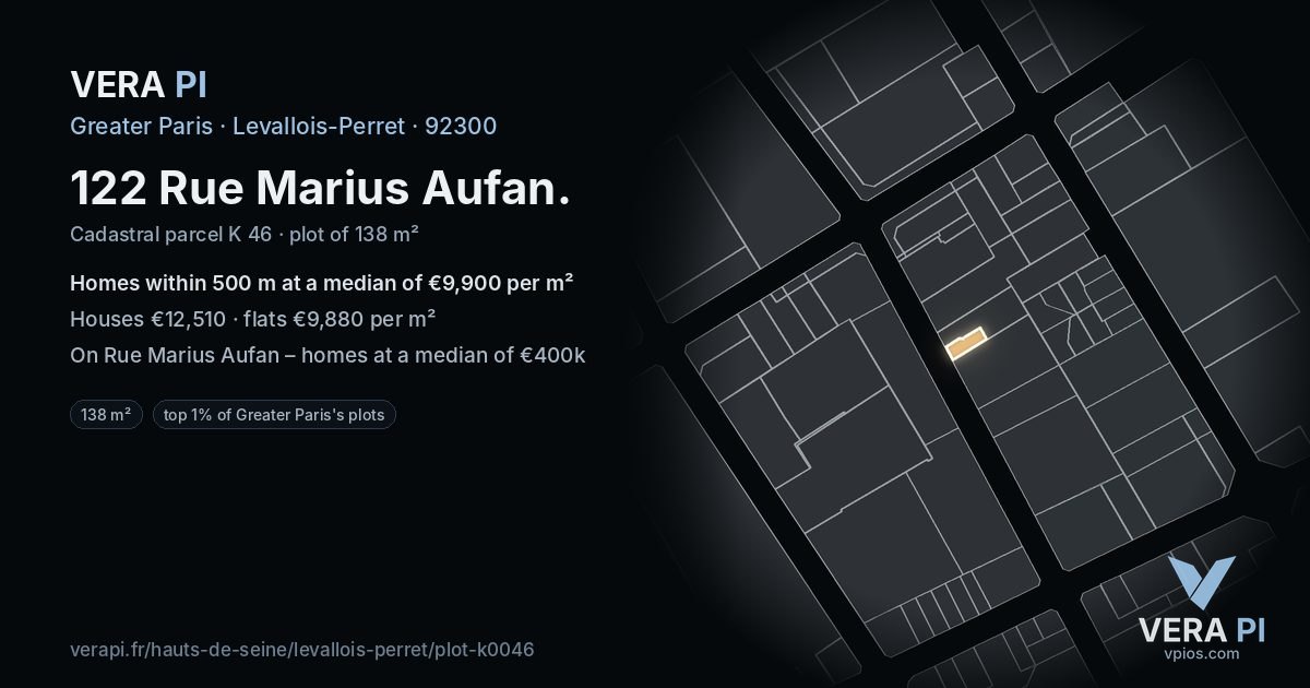 122 Rue Marius Aufan, Levallois-Perret at night – the plot lit, the parcels around coloured by the prices near them