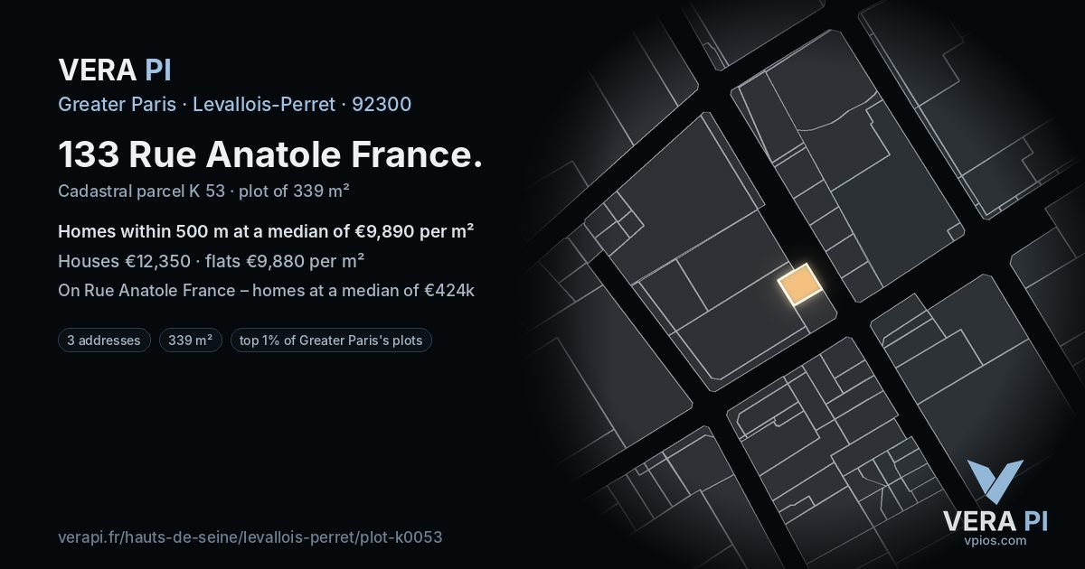 133 Rue Anatole France, Levallois-Perret at night – the plot lit, the parcels around coloured by the prices near them