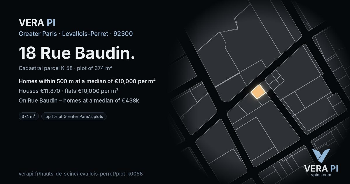 18 Rue Baudin, Levallois-Perret at night – the plot lit, the parcels around coloured by the prices near them