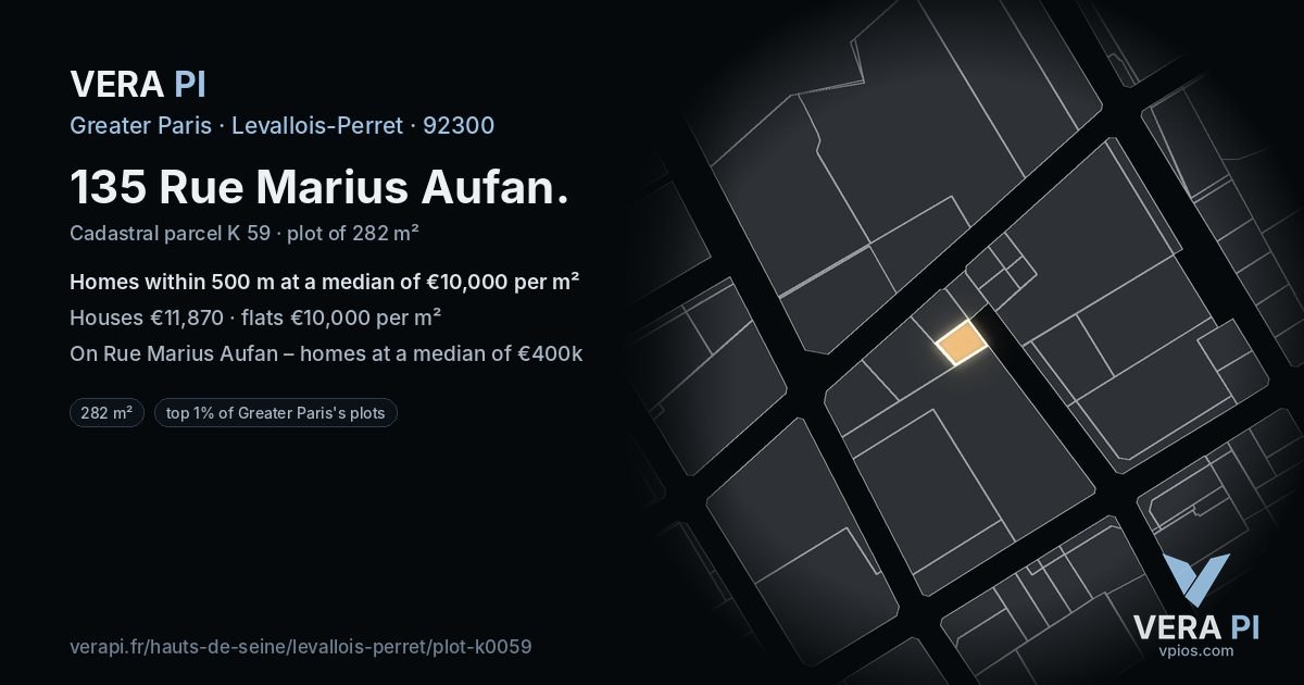 135 Rue Marius Aufan, Levallois-Perret at night – the plot lit, the parcels around coloured by the prices near them