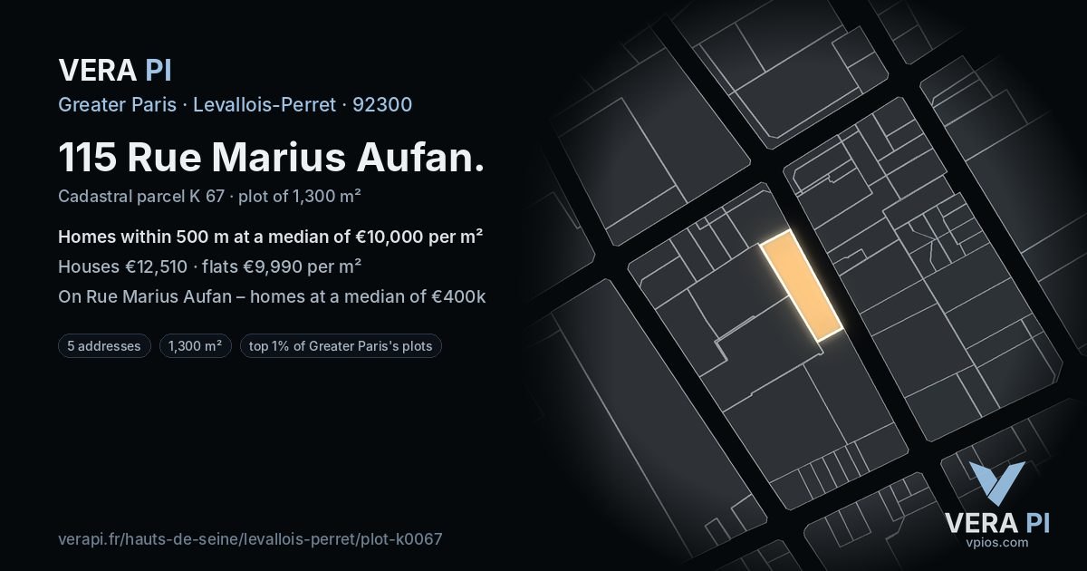 115 Rue Marius Aufan, Levallois-Perret at night – the plot lit, the parcels around coloured by the prices near them