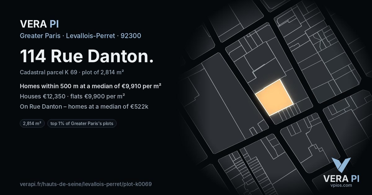 114 Rue Danton, Levallois-Perret at night – the plot lit, the parcels around coloured by the prices near them