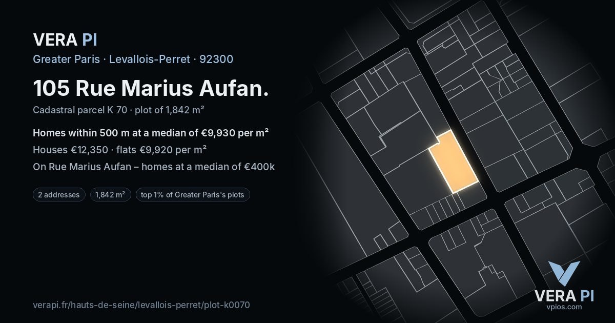 105 Rue Marius Aufan, Levallois-Perret at night – the plot lit, the parcels around coloured by the prices near them