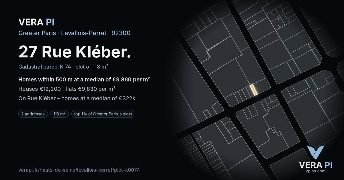 27 Rue Kléber, Levallois-Perret at night – the plot lit, the parcels around coloured by the prices near them