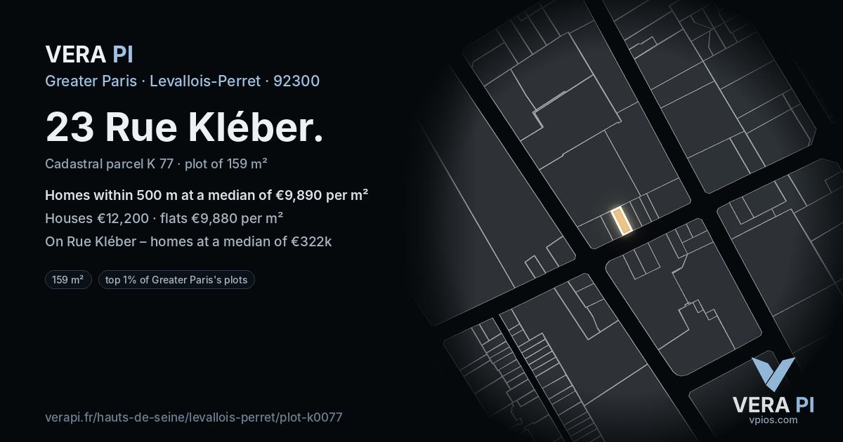 23 Rue Kléber, Levallois-Perret at night – the plot lit, the parcels around coloured by the prices near them