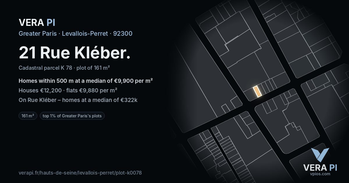21 Rue Kléber, Levallois-Perret at night – the plot lit, the parcels around coloured by the prices near them