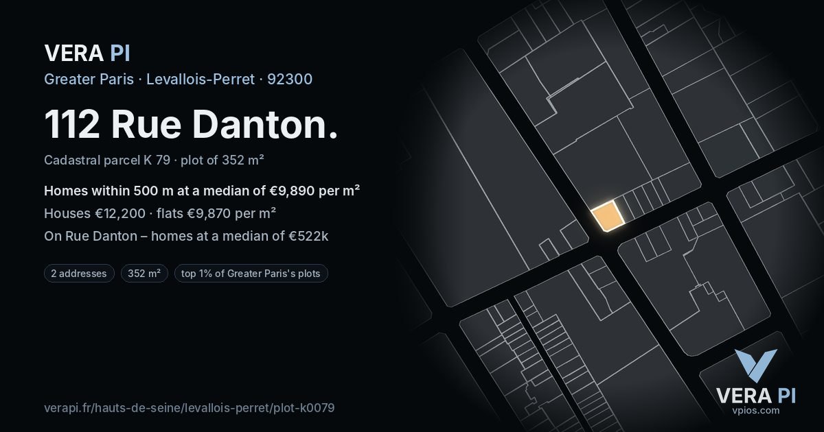 112 Rue Danton, Levallois-Perret at night – the plot lit, the parcels around coloured by the prices near them