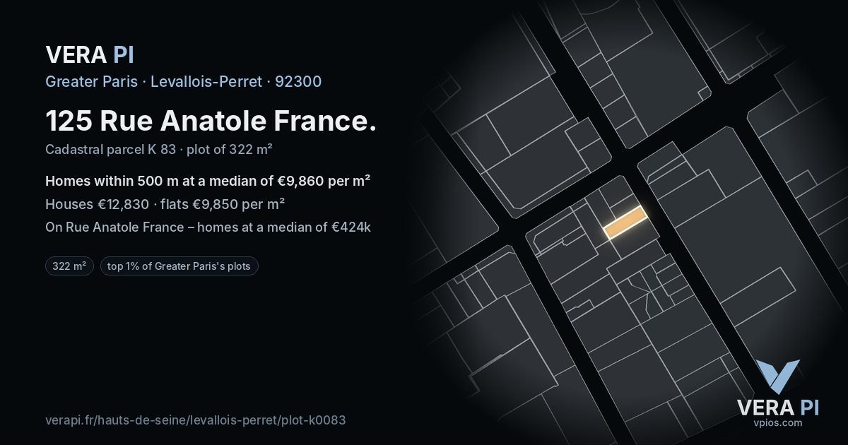 125 Rue Anatole France, Levallois-Perret at night – the plot lit, the parcels around coloured by the prices near them