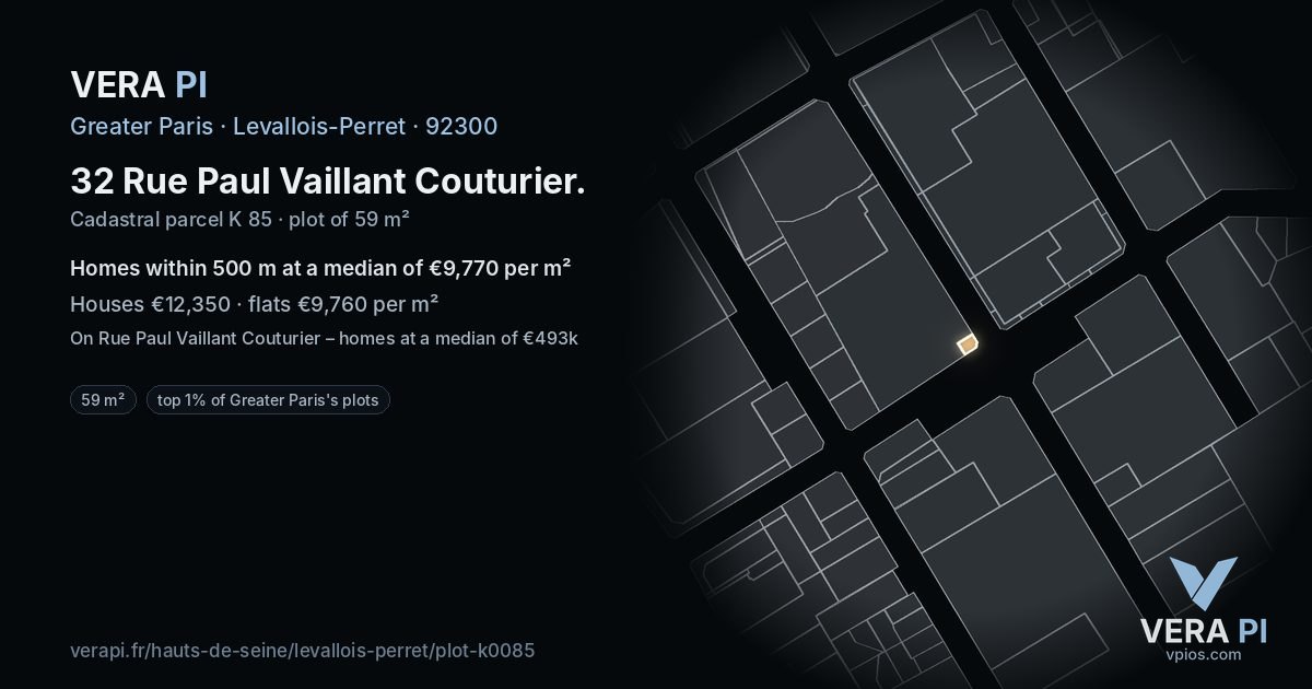32 Rue Paul Vaillant Couturier, Levallois-Perret at night – the plot lit, the parcels around coloured by the prices near them