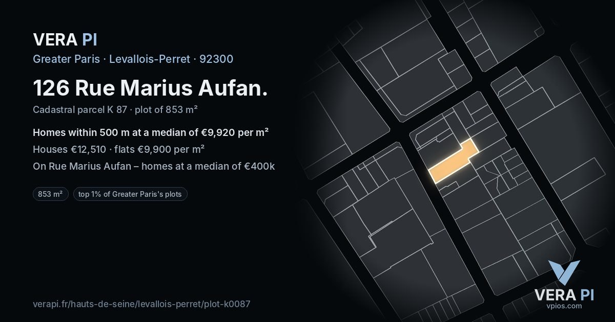 126 Rue Marius Aufan, Levallois-Perret at night – the plot lit, the parcels around coloured by the prices near them