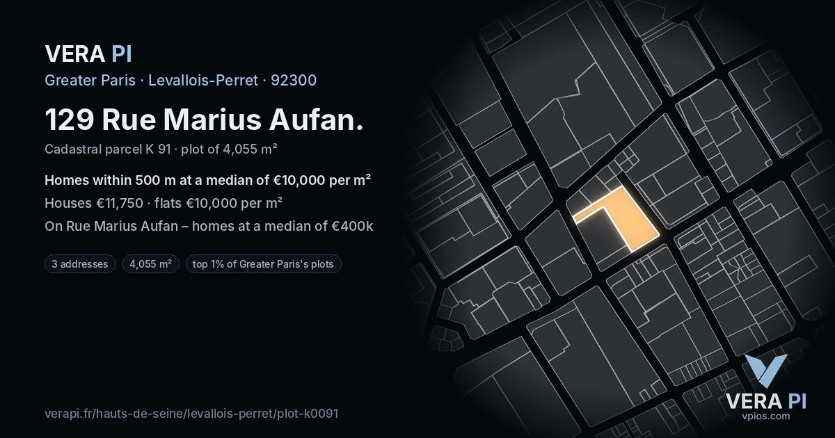 129 Rue Marius Aufan, Levallois-Perret at night – the plot lit, the parcels around coloured by the prices near them