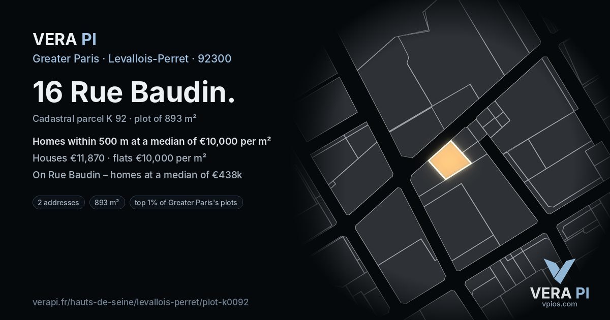 16 Rue Baudin, Levallois-Perret at night – the plot lit, the parcels around coloured by the prices near them