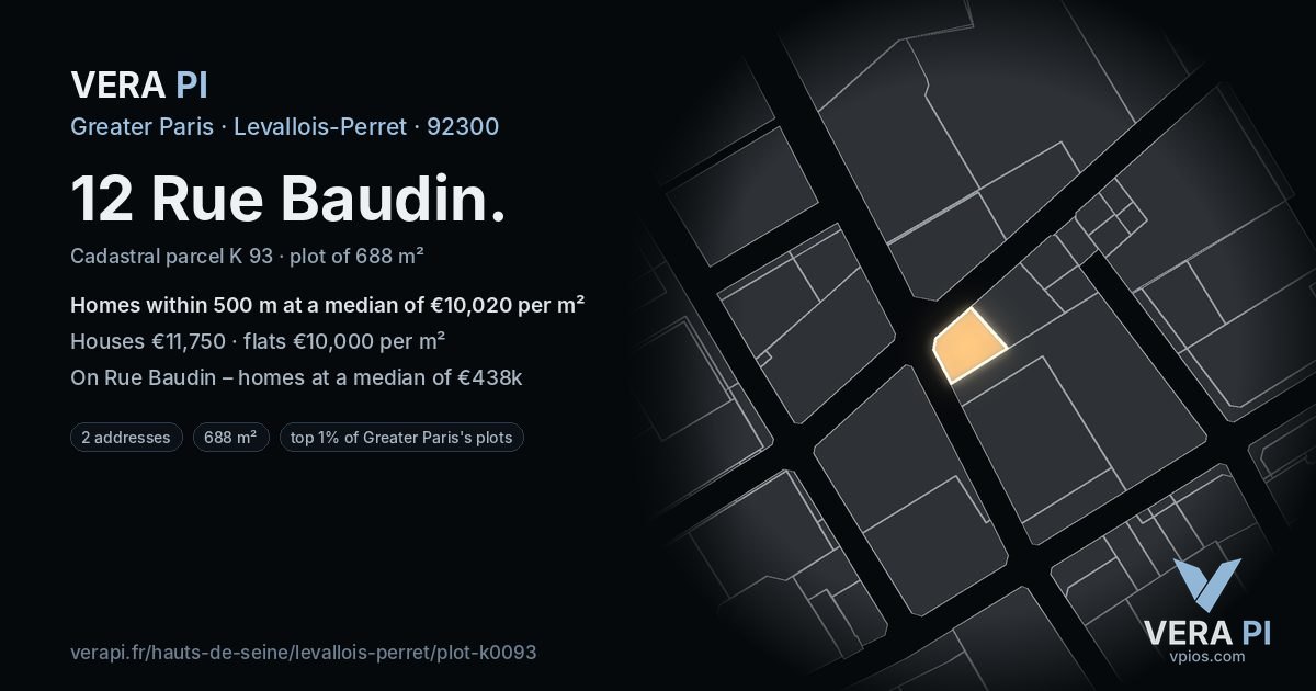 12 Rue Baudin, Levallois-Perret at night – the plot lit, the parcels around coloured by the prices near them