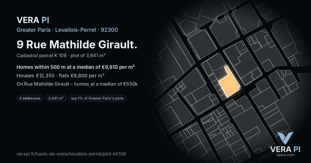 9 Rue Mathilde Girault, Levallois-Perret at night – the plot lit, the parcels around coloured by the prices near them
