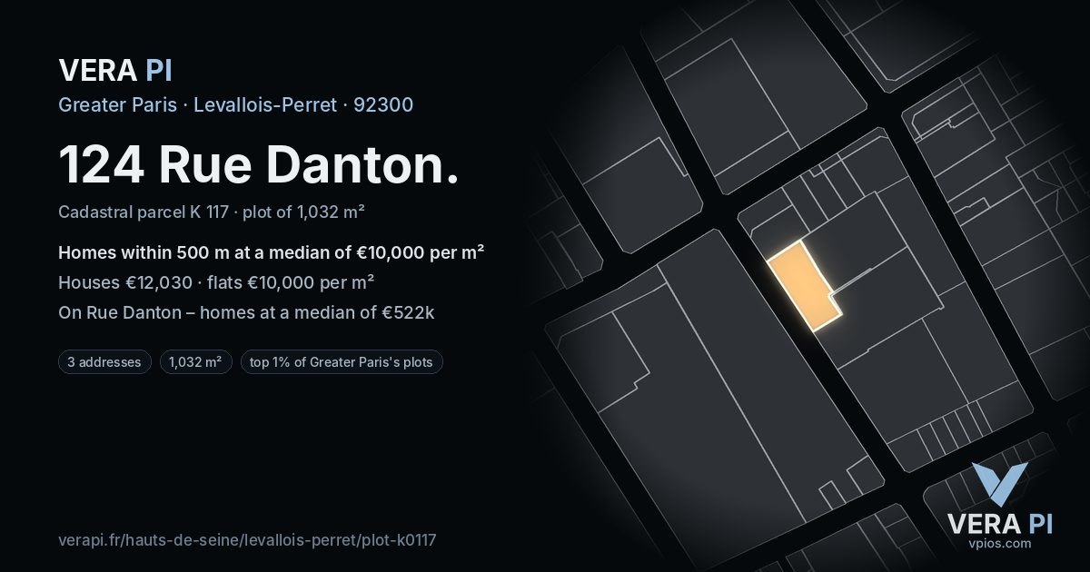 124 Rue Danton, Levallois-Perret at night – the plot lit, the parcels around coloured by the prices near them