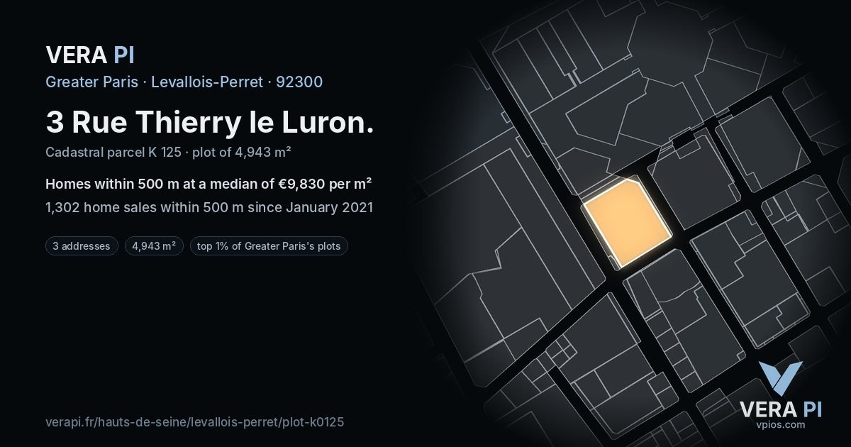 3 Rue Thierry le Luron, Levallois-Perret at night – the plot lit, the parcels around coloured by the prices near them
