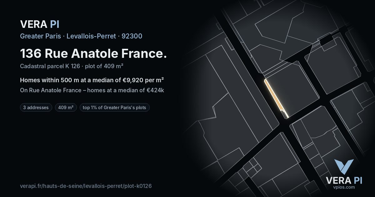 136 Rue Anatole France, Levallois-Perret at night – the plot lit, the parcels around coloured by the prices near them