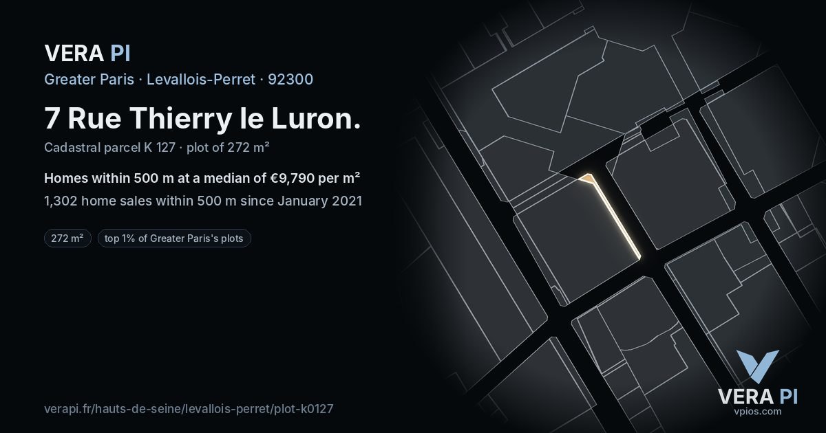 7 Rue Thierry le Luron, Levallois-Perret at night – the plot lit, the parcels around coloured by the prices near them