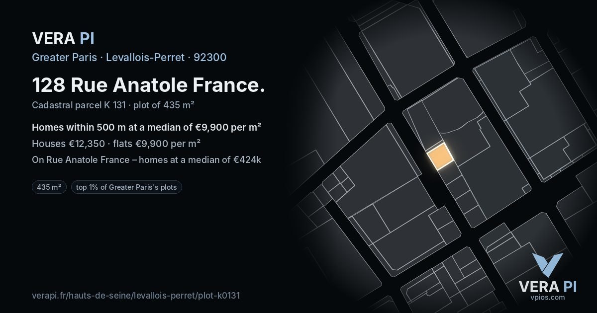 128 Rue Anatole France, Levallois-Perret at night – the plot lit, the parcels around coloured by the prices near them