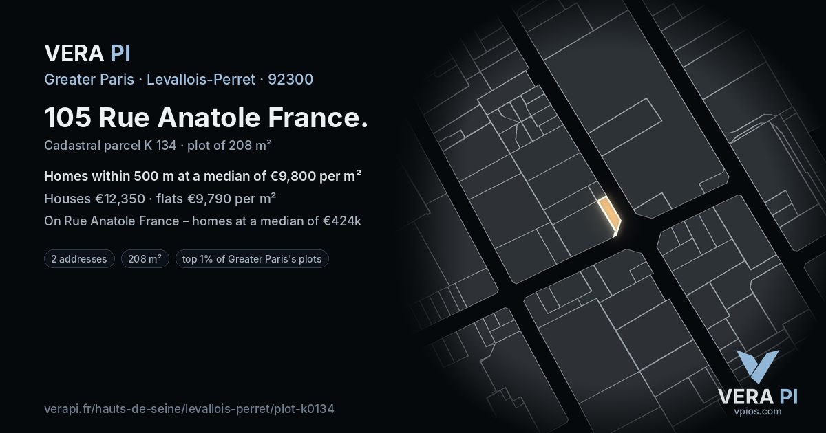 105 Rue Anatole France, Levallois-Perret at night – the plot lit, the parcels around coloured by the prices near them
