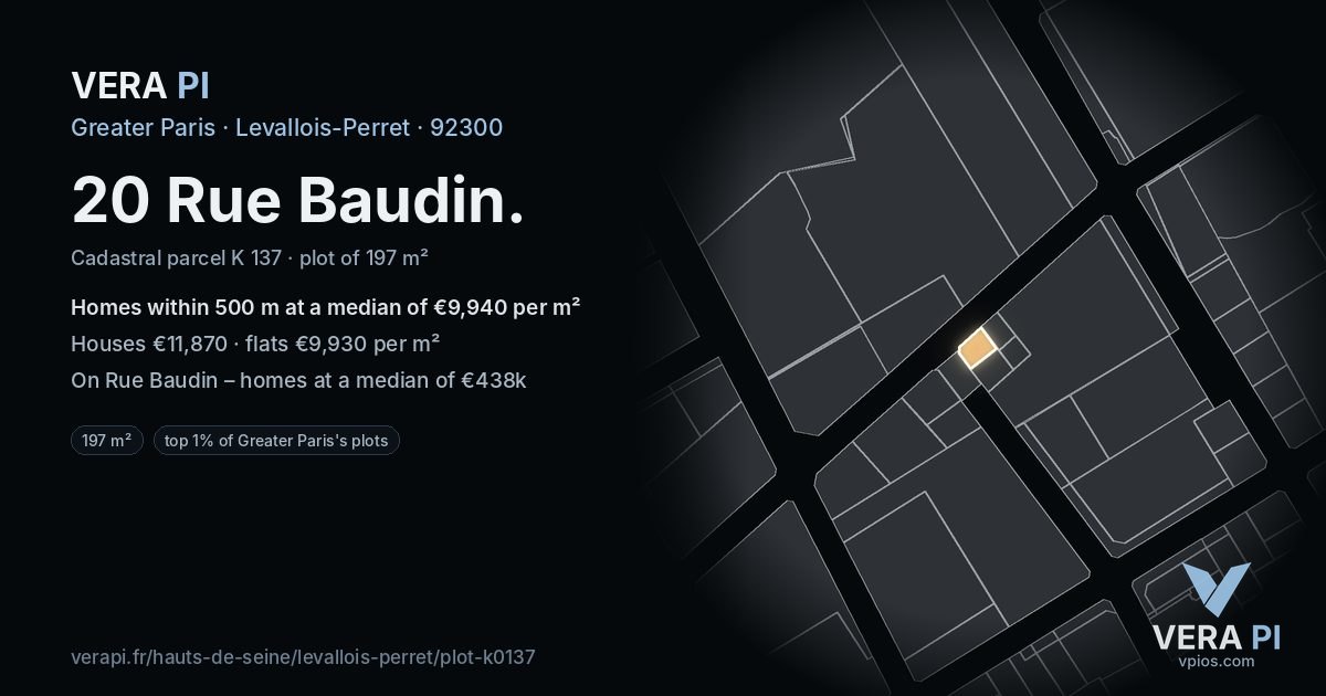 20 Rue Baudin, Levallois-Perret at night – the plot lit, the parcels around coloured by the prices near them