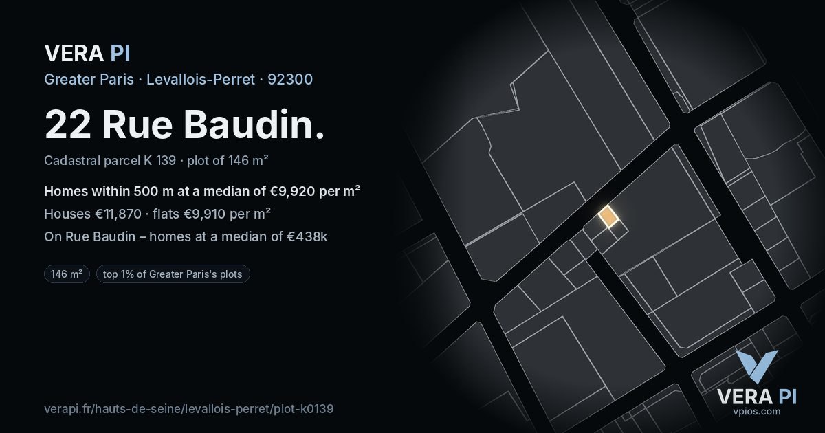 22 Rue Baudin, Levallois-Perret at night – the plot lit, the parcels around coloured by the prices near them