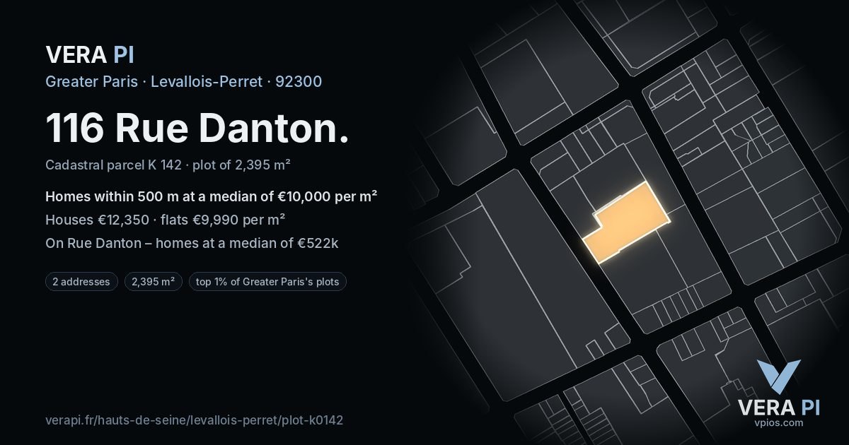 116 Rue Danton, Levallois-Perret at night – the plot lit, the parcels around coloured by the prices near them