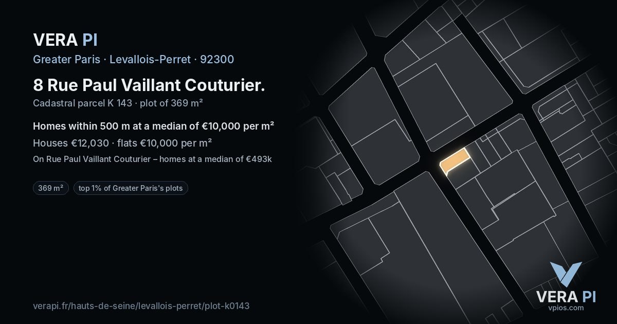 8 Rue Paul Vaillant Couturier, Levallois-Perret at night – the plot lit, the parcels around coloured by the prices near them