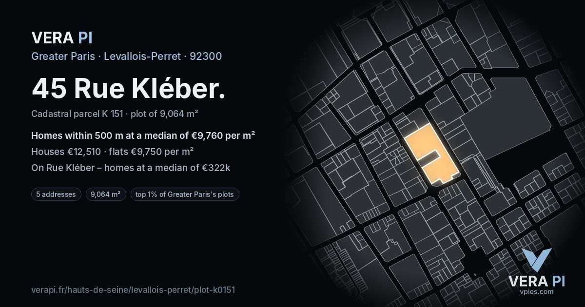 45 Rue Kléber, Levallois-Perret at night – the plot lit, the parcels around coloured by the prices near them