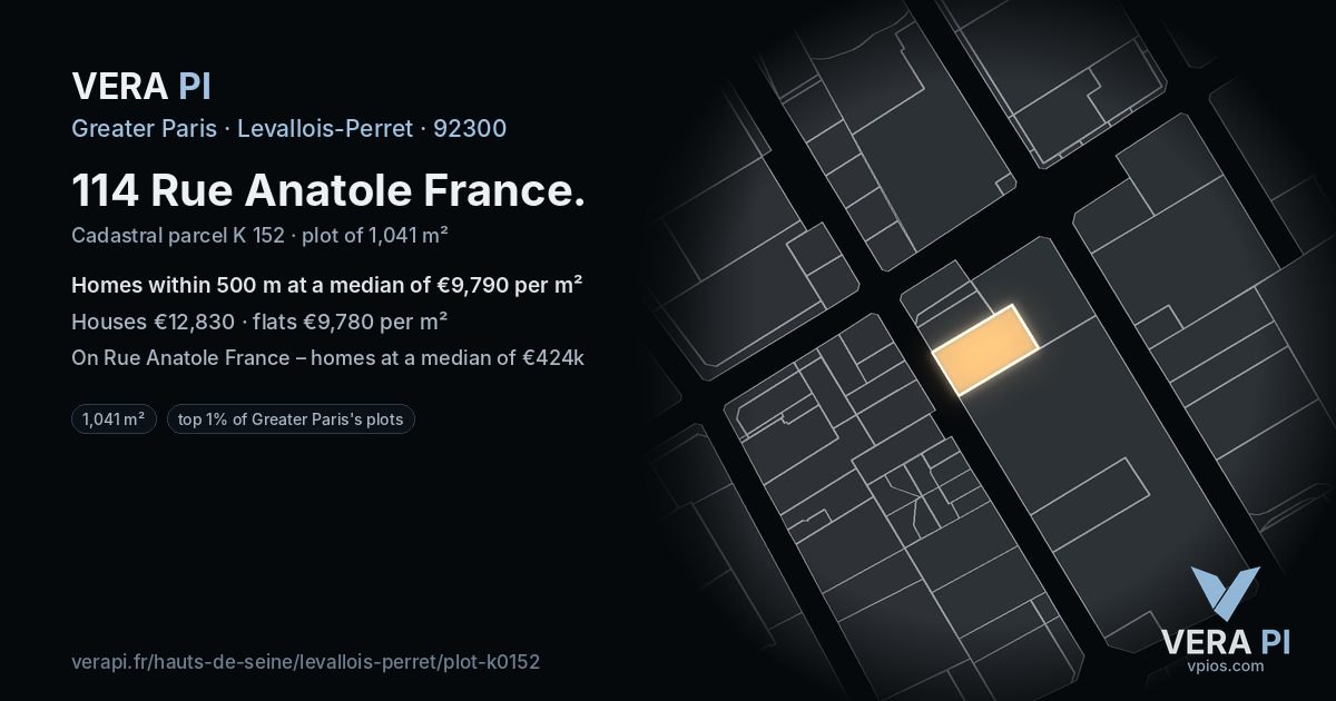 114 Rue Anatole France, Levallois-Perret at night – the plot lit, the parcels around coloured by the prices near them