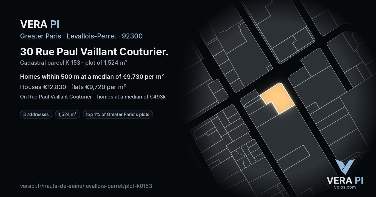 30 Rue Paul Vaillant Couturier, Levallois-Perret at night – the plot lit, the parcels around coloured by the prices near them