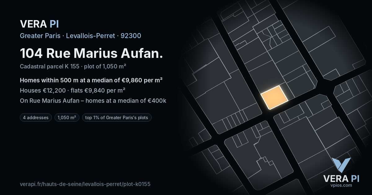 104 Rue Marius Aufan, Levallois-Perret at night – the plot lit, the parcels around coloured by the prices near them