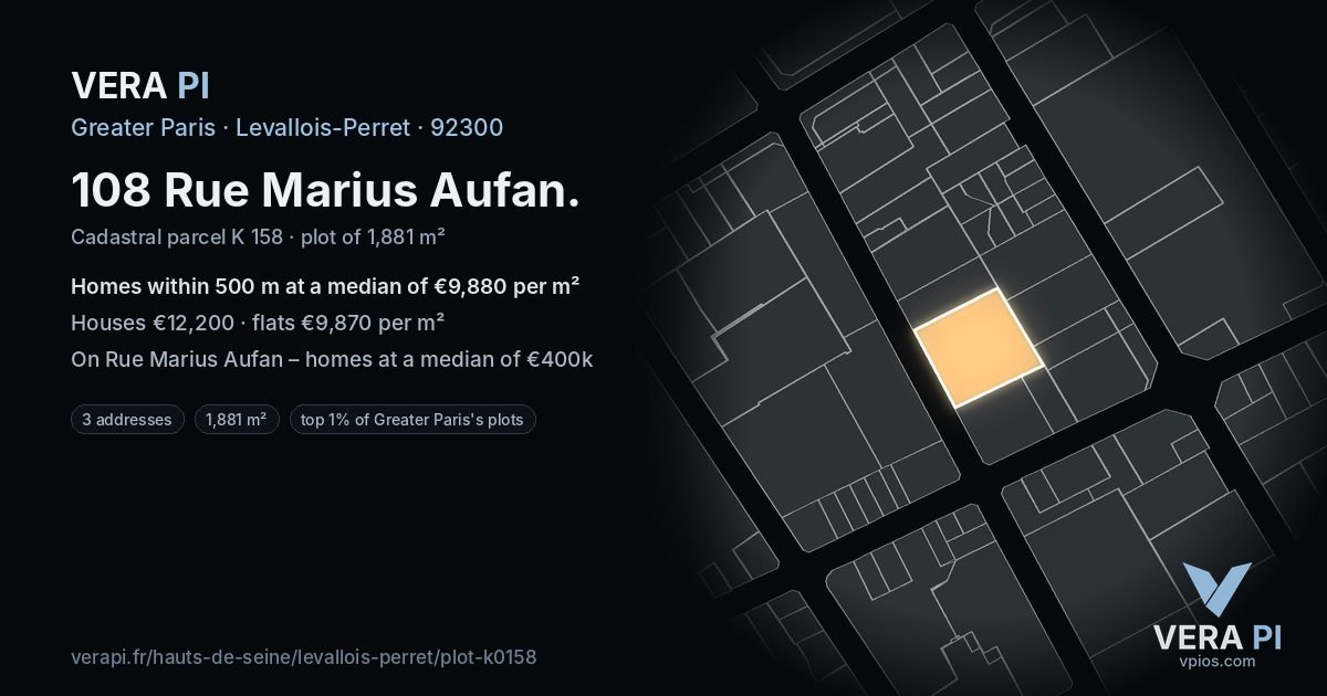 108 Rue Marius Aufan, Levallois-Perret at night – the plot lit, the parcels around coloured by the prices near them
