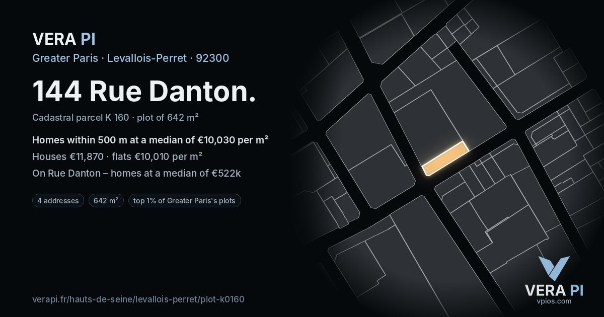 144 Rue Danton, Levallois-Perret at night – the plot lit, the parcels around coloured by the prices near them