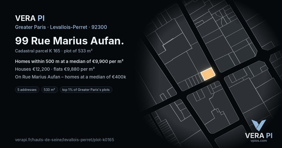 99 Rue Marius Aufan, Levallois-Perret at night – the plot lit, the parcels around coloured by the prices near them