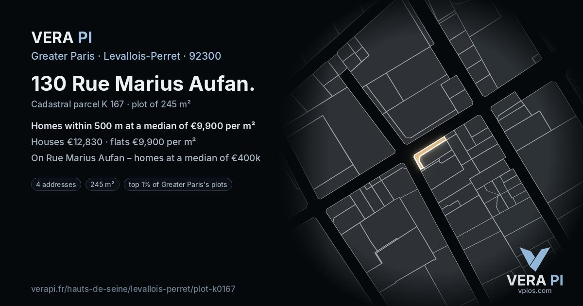 130 Rue Marius Aufan, Levallois-Perret at night – the plot lit, the parcels around coloured by the prices near them