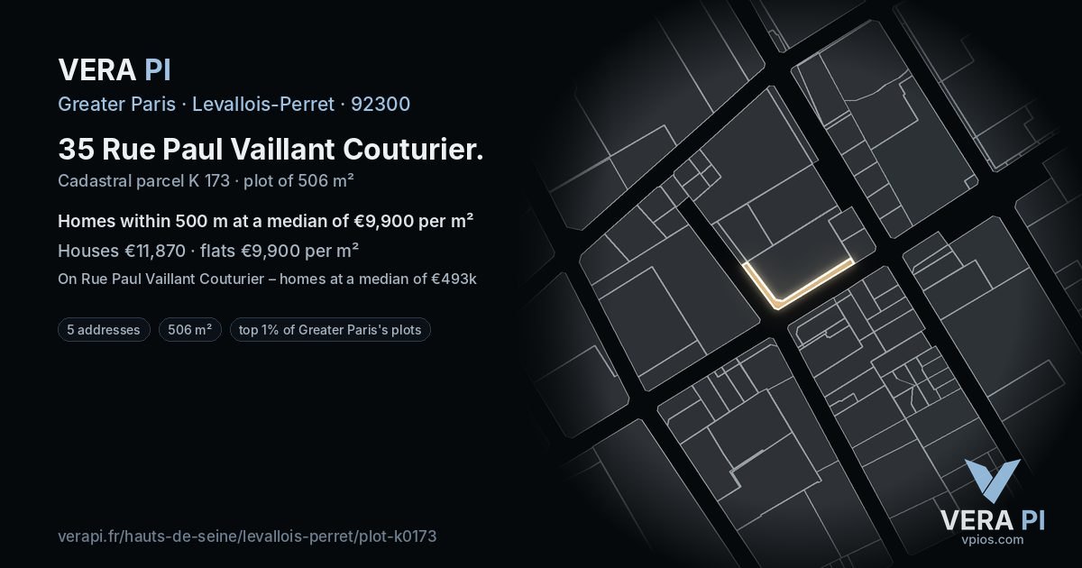 35 Rue Paul Vaillant Couturier, Levallois-Perret at night – the plot lit, the parcels around coloured by the prices near them