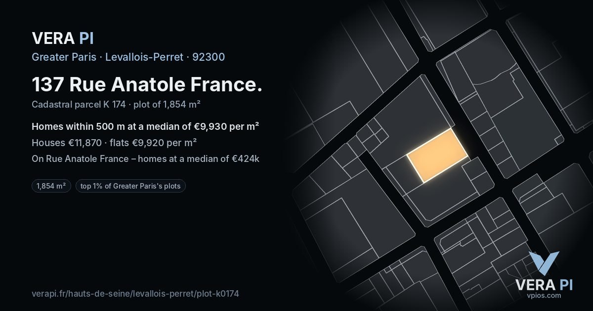 137 Rue Anatole France, Levallois-Perret at night – the plot lit, the parcels around coloured by the prices near them