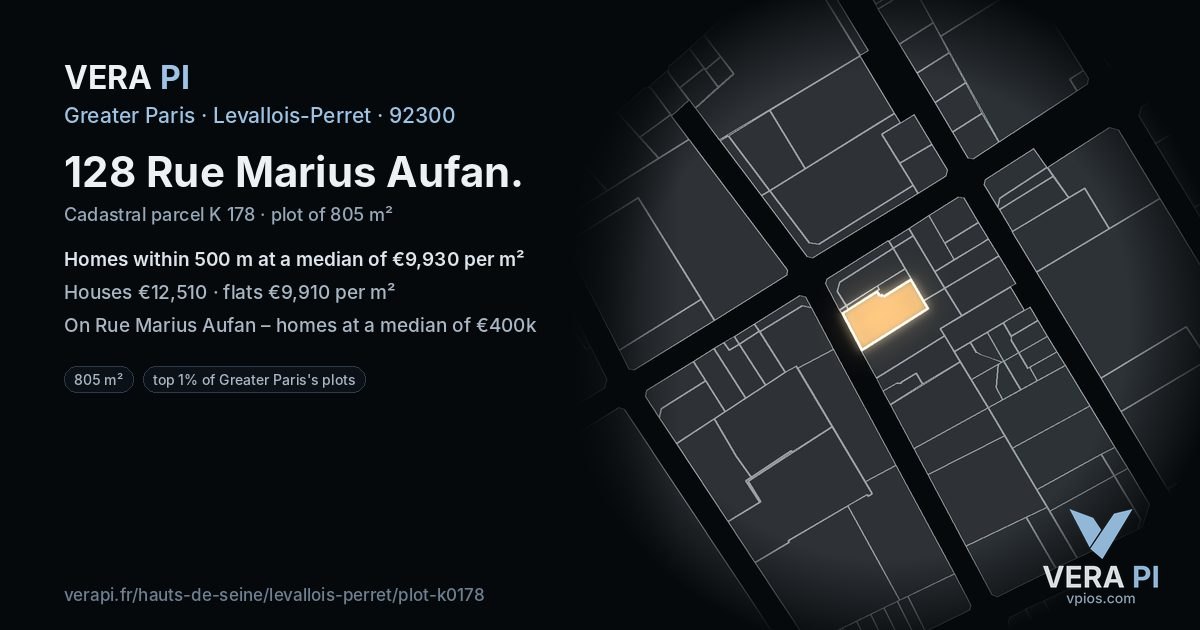 128 Rue Marius Aufan, Levallois-Perret at night – the plot lit, the parcels around coloured by the prices near them