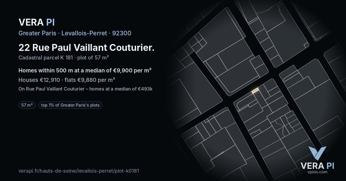 22 Rue Paul Vaillant Couturier, Levallois-Perret at night – the plot lit, the parcels around coloured by the prices near them