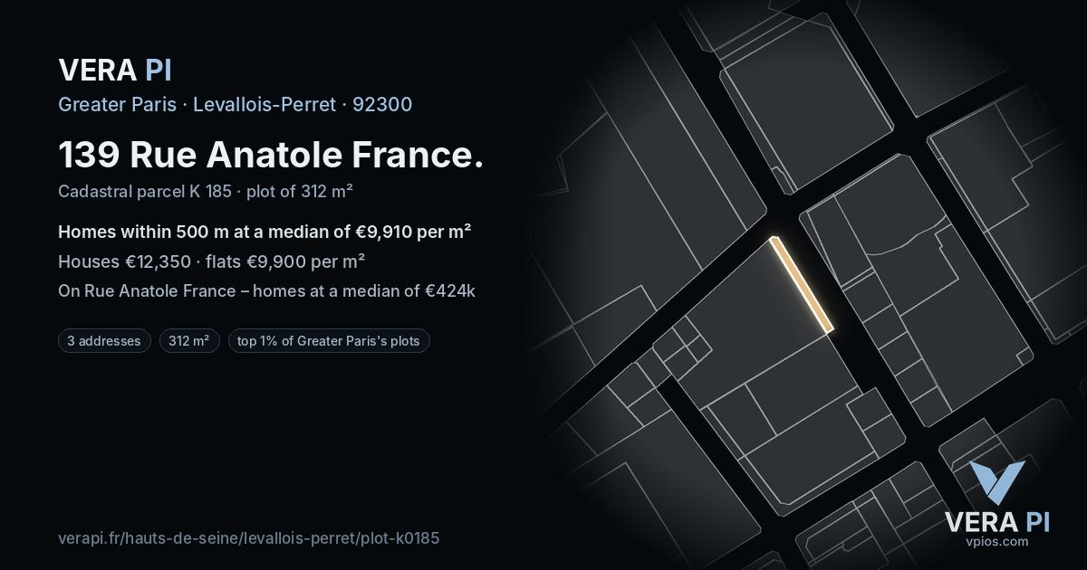 139 Rue Anatole France, Levallois-Perret at night – the plot lit, the parcels around coloured by the prices near them